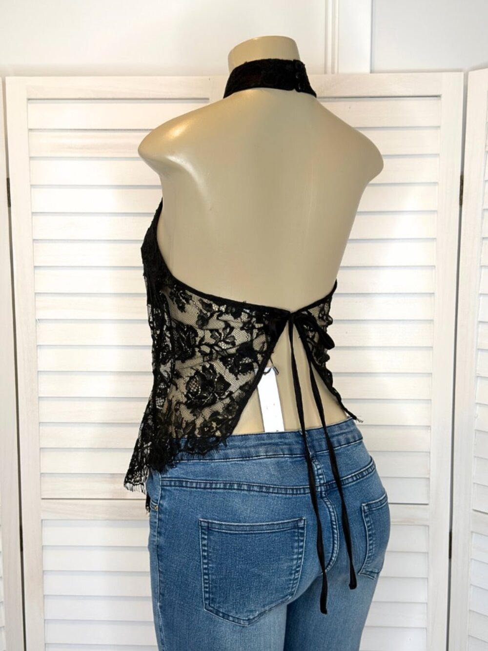 Chocolate USA Black Mandarin Collar Lace Halter Top - Picture 6 of 9